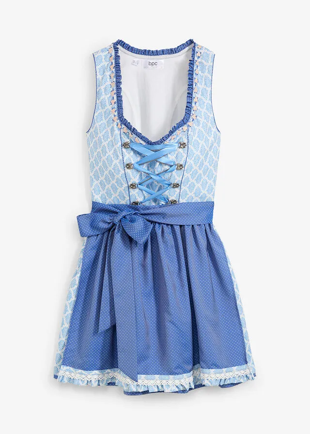 Traje tirolés hasta la rodilla con delantal (2 piezas) azul brillante/azul ártico